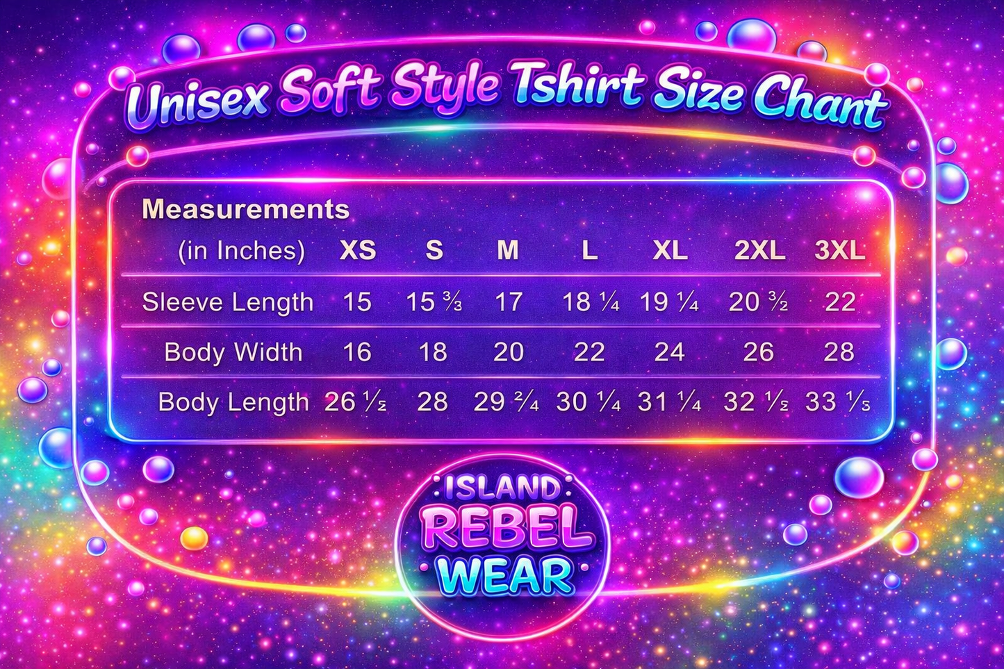 Adult Soft Style Unisex T-shirt Size Chart